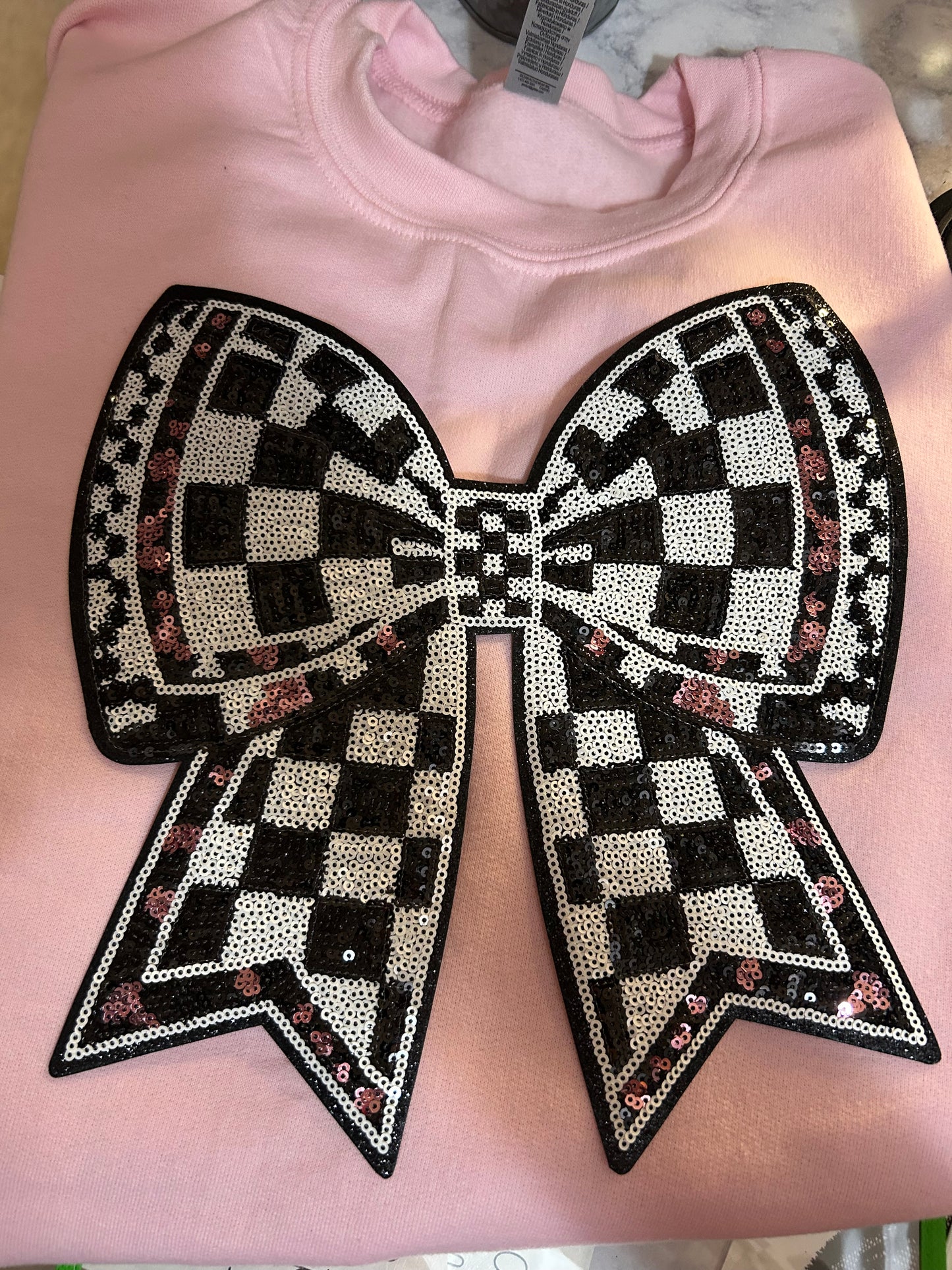 Blk/White pink sequin bow(must purchase crewneck as well)