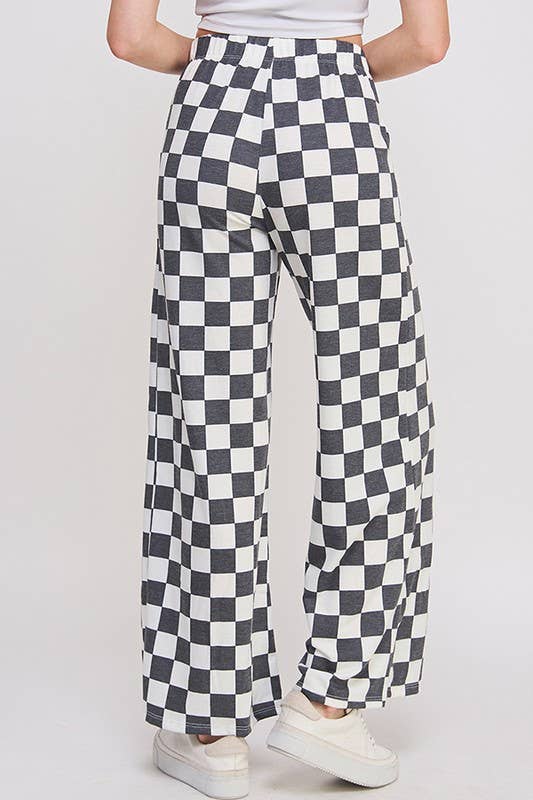 HIGH WAIST CHECKERED STRAIGHT LEG KNIT PANTS