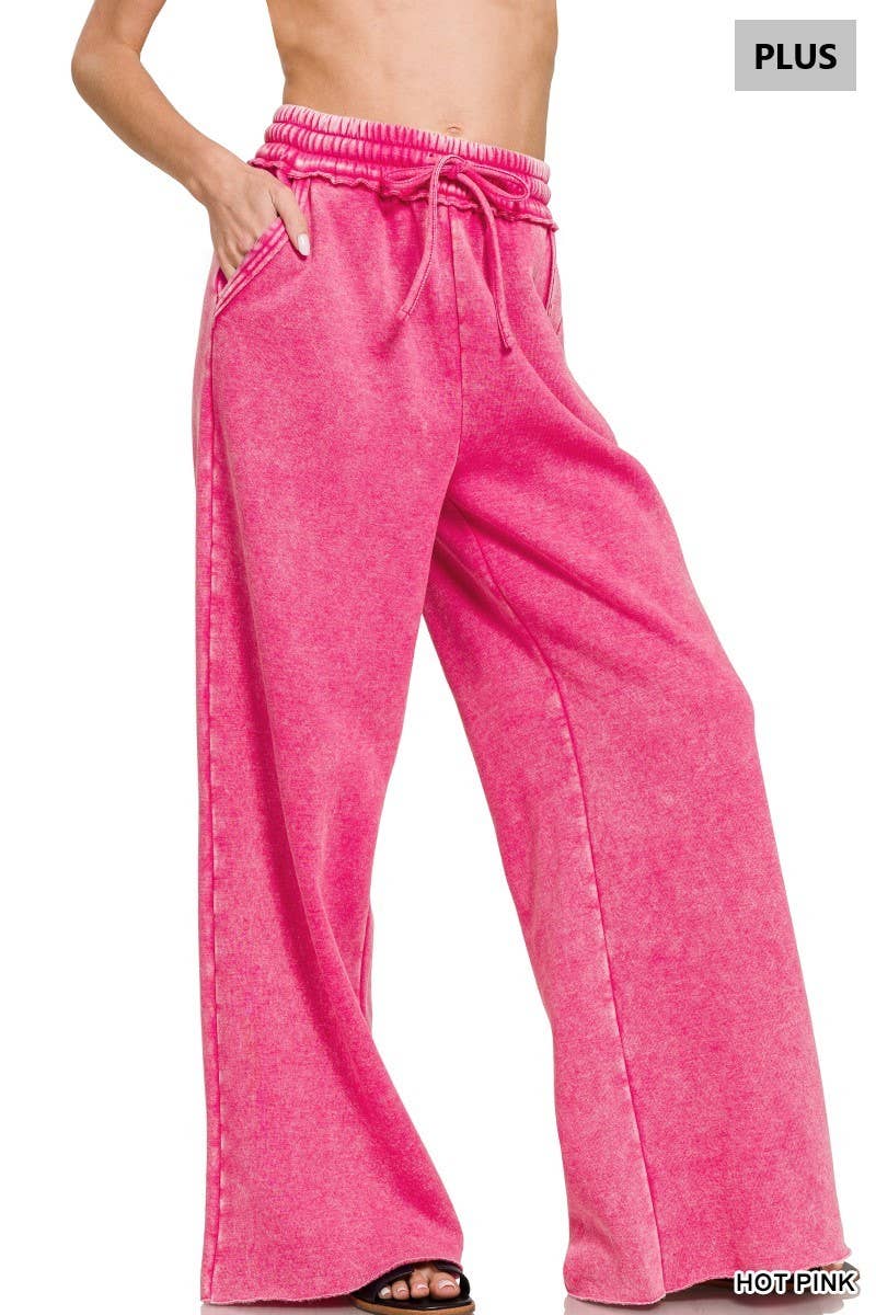 Plus Acid Wash Fleece Palazzo Sweatpants With Pockets
