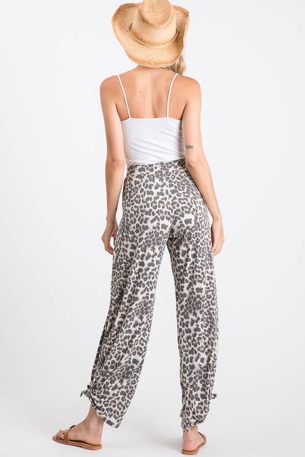 Leopard Print Lightweight Split Side Ankle Tie Pants