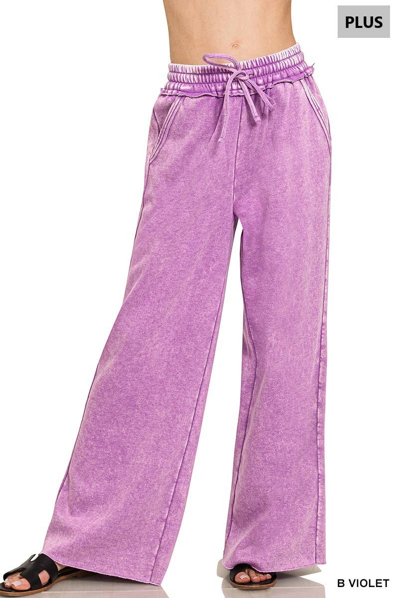 Plus Acid Wash Fleece Palazzo Sweatpants With Pockets