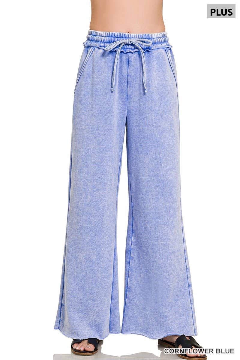 Plus Acid Wash Fleece Palazzo Sweatpants With Pockets