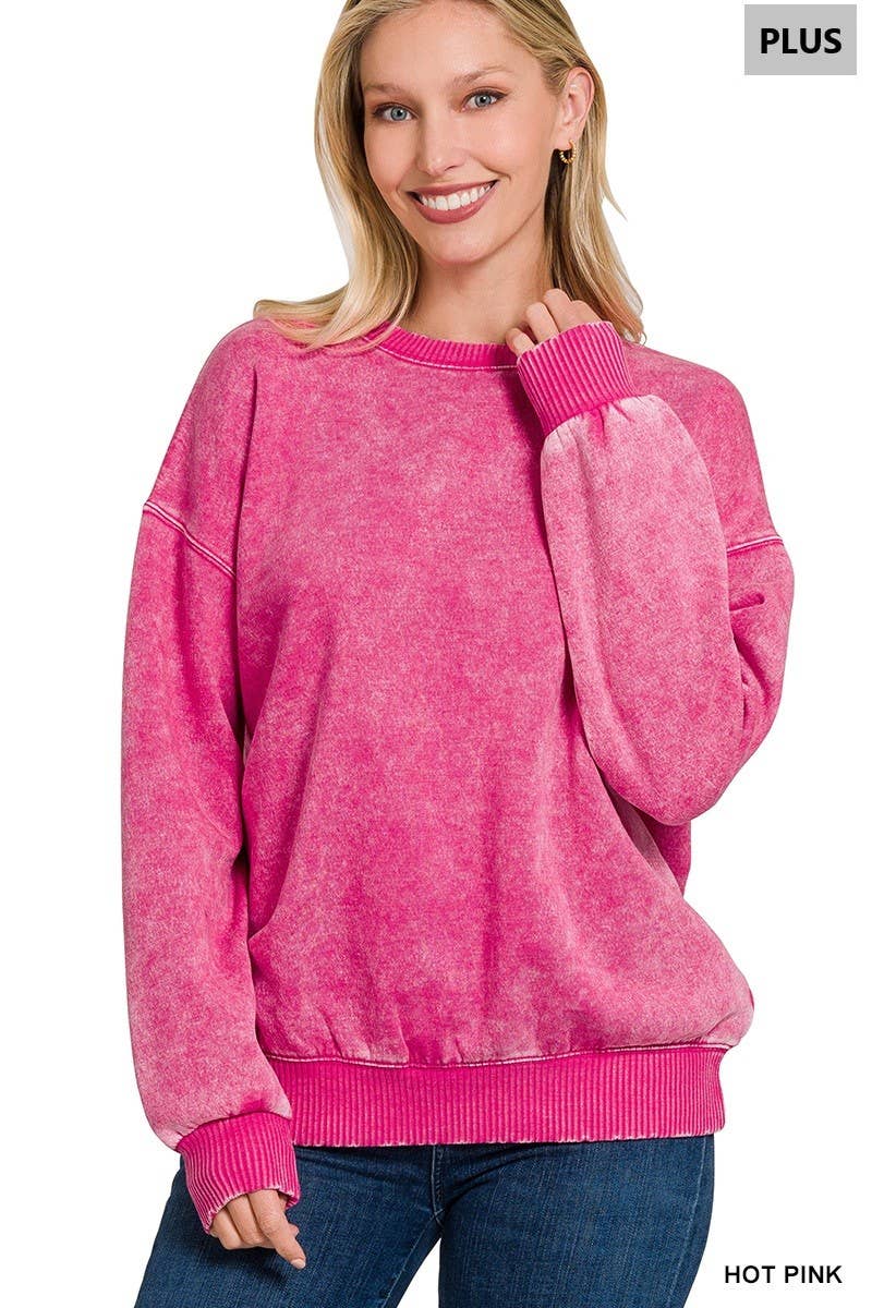 Plus Acid Wash Fleece Oversized Pullover HOT PINK